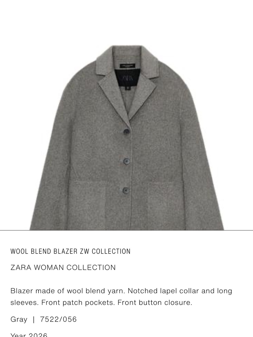 Zara Gray Wool-Blend Single-Breasted Blazer